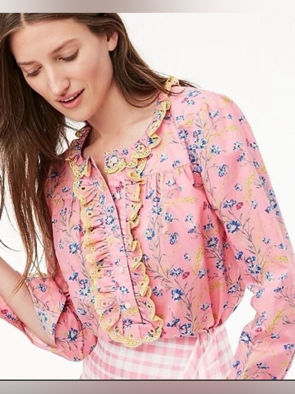 J.Crew Liberty wheat bouquet floral blouse size XS poplin ruffle shirt pink